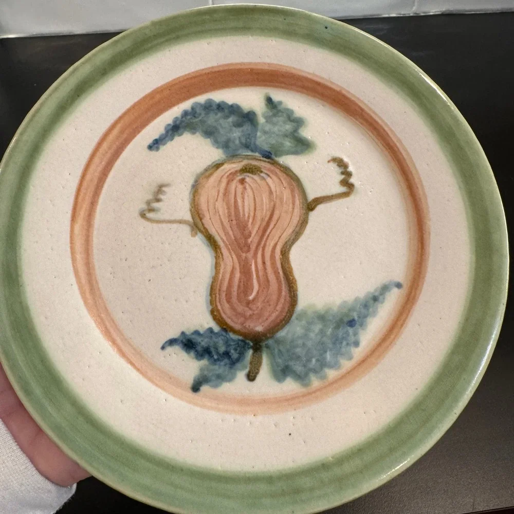 John B Taylor Harvest Pear Plates Set of 2 6.5in Cream Green Folk Art Stoneware